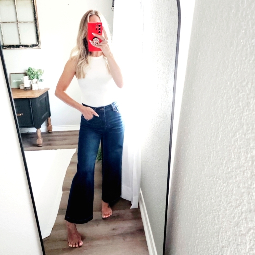 Risen HR Dark Wash Classic Wide Leg Cropped Denim Jeans Office Various NEW - Picture 2 of 16